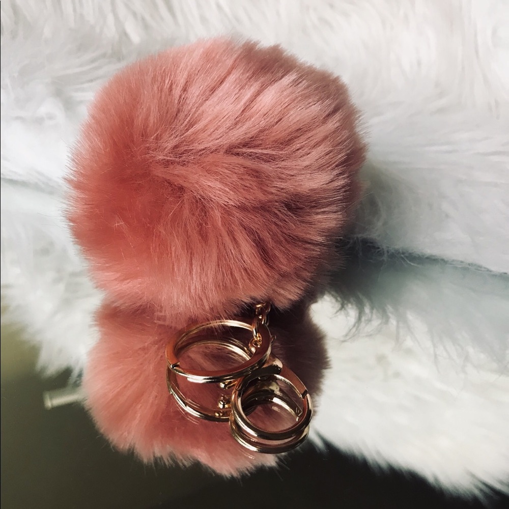 Coral pink faux furry Pom Pom keychain.